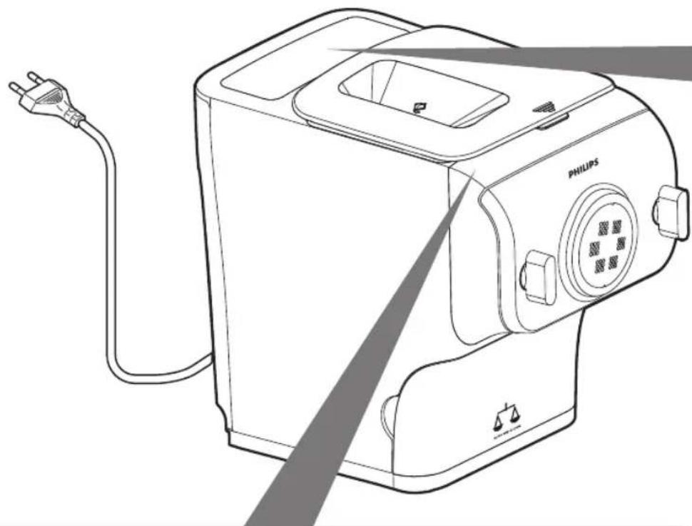 Compartiment de mélange Couvercle du compartment de mélange Spatule de mélange Levier du bouton de sécurité du support de disque Disques de forme Porte-disque Façade Boutons de la façade