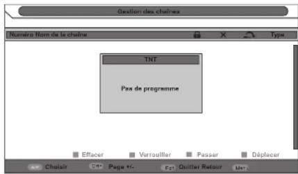 Gestion des chaînes Numéro Norm de la chaîne TNT Pass de programme Effacer Vertouiller Passer Déplacer Choiair Page Page Fm Quitter Retour Met