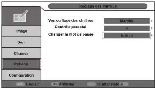 Réglage des verrous Verrouillage des chaînes Marche Contrôle parental 4 Changer le mot de passe Entrée Image Son Chaînes Options Configuration Choir Ocquilvider Quitter Retour
