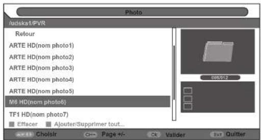 Photo ludska1/PVR Retour ARTE HD(nom photo1) ARTE HD(nom photo2) ARTE HD(nom photo3) ARTE HD(nom photo4) ARTE HD(nom photo5) M6 HD(nom photo6) TF1 HD(nom photo7) Effacer Ajouter/Supprimer tout... Cholislr Page +/- Ck Valider Ext Quitter