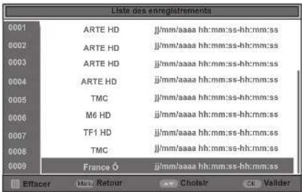 Liste des enregistrments 0001 ARTE HD jj/mm/aaaa hh:mm:ss-hh:mm:ss 0002 ARTE HD jj/mm/aaaa hh:mm:ss-hh:mm:ss 0003 ARTE HD jj/mm/aaaa hh:mm:ss-hh:mm:ss 0004 ARTE HD jj/mm/aaaa hh:mm:ss-hh:mm:ss 0005 TMC jj/mm/aaaa hh:mm:ss-hh:mm:ss 0006 M6 HD jj/mm/aaaa hh:mm:ss-hh:mm:ss 0007 TF1 HD jj/mm/aaaa hh:mm:ss-hh:mm:ss 0008 TMC jj/mm/aaaa hh:mm:ss-hh:mm:ss 0009 France Ô jj/mm/aaaa hh:mm:ss-hh:mm:ss