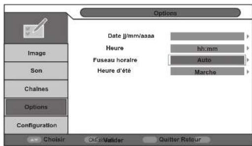 Options Date jj/mm/aaaa Heure hh:mm Fuseau horaire Auto Heure d'été Marche Image Son Chalnes Options Configuration Choisir ChEg/Molder Quitter Retour