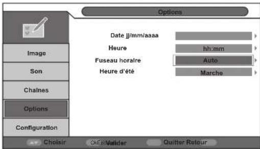 Options Date jj/mm/aaaa Heure hh:mm Fuseau horaire Auto Heure d'été Marche Image Son Chalmes Options Configuration Choisir CHER/Valider Quitter Retour