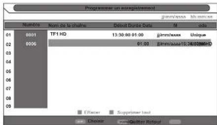 Programme un enregistrement Numéro Nom de la chafère Debout Burde Date M code 01 0001 TF1 HD 13:30:00 01:00 jimm/losses Unique 02 0006 01:00 jimm/losses15.34889MHD Effacer Supprimer tout Chequer →Quitter Refour