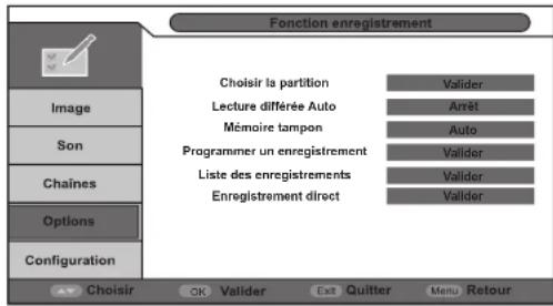 Fonction enregistrement Choisir la partition Lecture différée Auto Mémoire tampon Programmer un enregistrement Liste des enregistrements Enregistrement direct Valider Arrêt Auto Valider Valider Valider Configuration A Choisir OK Valider Exit Quitter Menu Retour