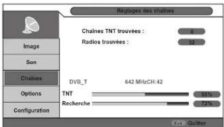 Replages des chaînes Chaines TNT trouvées : 0 Radios trouvées : 32 Image Son Chains Options Configuration DVB_T 642 MHzCH:42 TNT 55% Recherche 72% Ext Quitter