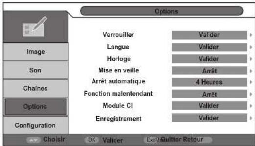 Options Verrouiller Valider Langue Valider Horloge Valider Mise en veille Arrêt Arrêt automatique 4 Heures Fonction malentendant Arrêt Module CI Valider Enregistrement Valider Configuration Choisir OK Valider ExtrQuitter Retour