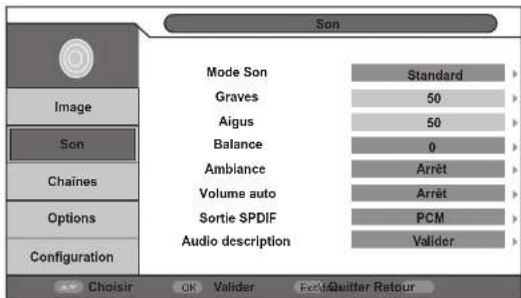 Son Mode Son Standard Graves 50 Aigus 50 Balance 0 Ambiance Arrêt Volume auto Arrêt Sortie SPDIF PCM Audio description Valider Choose OK Valider Ex:In Quitter Retour