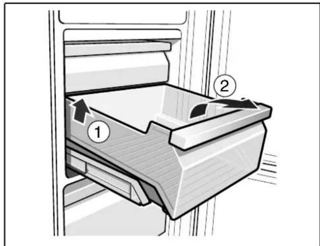 Diagram of a refrigerator interior showing labeled parts and directional arrows indicating movement or flow.