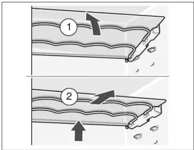 Diagram illustrating two stages of a mechanical or fluidic process with labeled arrows and numbered components