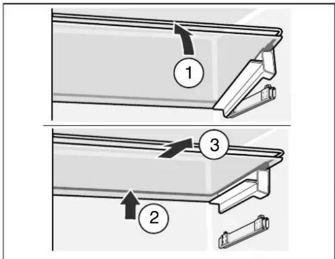 Diagram showing three-step installation of a mechanical component with numbered callouts and directional arrows indicating motion.