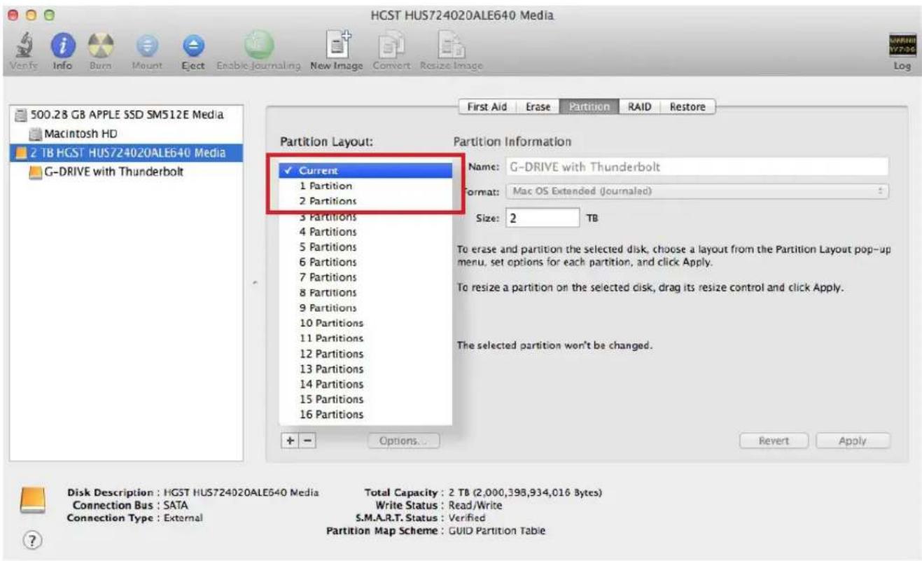 HGST HUS724020ALE640 Media 500.28 GB APPLE SSD SM512E Media Macintosh HD 2 TB HGST HUS724020ALE640 Media G-DRIVE with Thunderbolt First Aid Erase Partition RAID Restore Partition Layout: ✓ Current 1 Partition 2 Partitions 3 Partitions 4 Partitions 5 Partitions 6 Partitions 7 Partitions 8 Partitions 9 Partitions 10 Partitions 11 Partitions 12 Partitions 13 Partitions 14 Partitions 15 Partitions 16 Partitions Partition Information Name: G-DRIVE with Thunderbolt Format: Mac OS Extended (Journalled) Size: 2 TB To erase and partition the selected disk, choose a layout from the Partition Layout pop-up menu, set options for each partition, and click Apply. To resize a partition on the selected disk, drag its resize control and click Apply. The selected partition won't be changed. Options... Revert Apply Disk Description : HGST HUS724020ALE640 Media Total Capacity : 2 TB (2,000,398,934,016 Bytes) Connection Bus : SATA Write Status : Read/Write Connection Type : External S.M.A.R.T. Status : Verified Partition Map Scheme : GUID Partition Table
