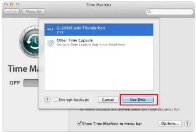 G-DRIVE with Thunderbolt 2 TF Other Time Capsule Set up a Time Capsule that is not listed here ? Encrypt backups Cancel Use Disk The disk backups are deleted when your disk becomes full. ✓ Show Time Machine in menu bar Options... ?