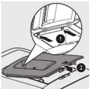 Diagram showing a device with labeled parts and an inset view of a device with arrows indicating movement or assembly.