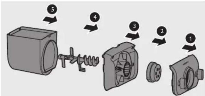 Diagram showing exploded view of a mechanical device with numbered components from top to bottom.