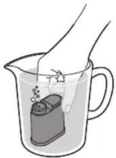 Illustration of a hand pouring liquid into a beaker with a small container inside (no text or symbols)