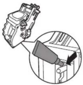 Mechanical component diagram showing a lever interacting with a bracket, with an inset close-up highlighting the lever mechanism (no text or symbols present)
