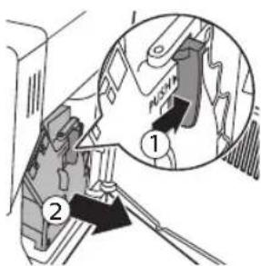 Diagram showing a mechanical component with labeled parts and an inset view of a gear mechanism.