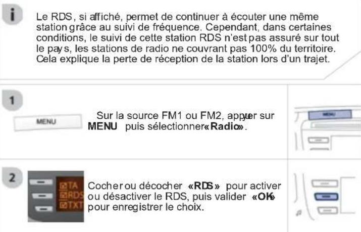 Le RDS, si affiché, permet de continuer à écouter une même station grâce au suivi de fréquence. Cependant, dans certaines conditions, le suivi de cette station RDS n'est pas assuré sur tout le pays, les stations de radio ne couvrant pas 100% du territoire. Cela explique la perte de réception de la s…
