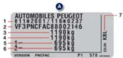 AUTOMOBILES PEUGEOT 1 811*2001/116*0237 2 VF3PNCFAC88002146 3 1190 kg 4 1190 kg 5 695 kg 6 695 kg VERSION PNCFAC P1 578 7 COLOR KBL