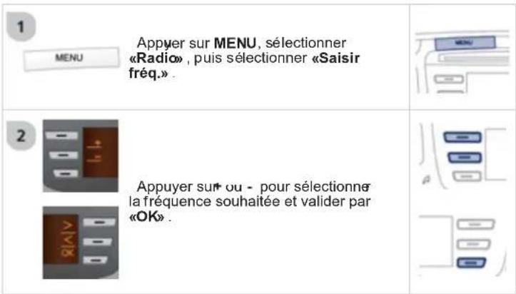 1 MENU Appuyer sur MENU, sélectionner «Radio», puis sélectionner «Saisir fréq.». 2 Appuyer sur ou - pour sélectionner la fréquence souhaitée et valider par «OK».