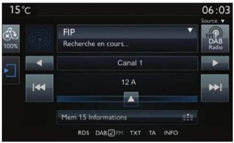 15°C 06:03 100% FIP Recherche en cours... Source FM DAB Radio Canal 1 12 A Mem 15 Informations RDS DAB FM TXT TA INFO