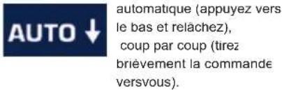 AUTO ↓ automatique (appuyez vers le bas et relâchez), coup par coup (tirez brièvement la commande versvous).