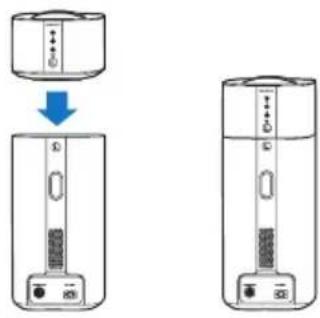 Diagram showing a device with ports and a blue arrow indicating transformation from a top to the bottom panel.