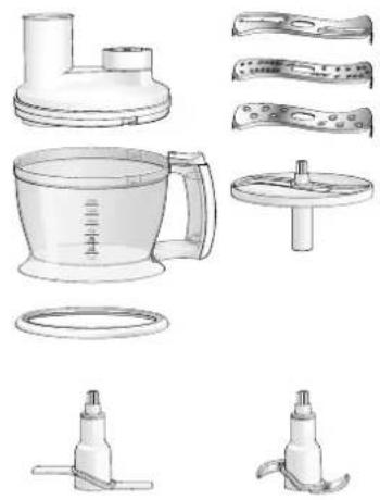 Technical line drawings of kitchenware including a mixer, kitchen utensil, and spray bottle (no text or labels)