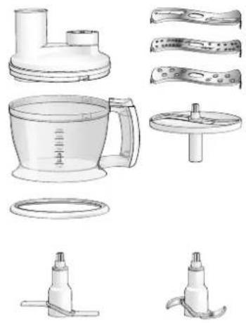 Technical line drawings of kitchen appliances including a mixer, kitchen utensil, and spray bottle (no text or labels)