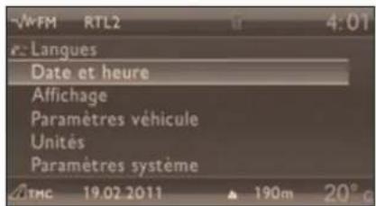 VWFM RTL2 4:01 c: Langues Date et heure Affichage Paramètres véhicule Unités Paramètres système ATMC 19.02.2011 190m 20°