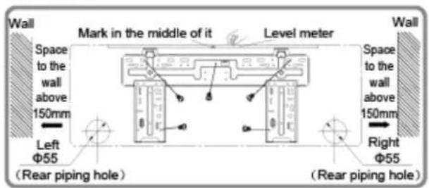 Wall Mark in the middle of it Level meter Wall Space to the wall above 150mm Left Φ55 (Rear piping hole) Right Φ55 Space to the wall above 150mm (Rear piping hole)
