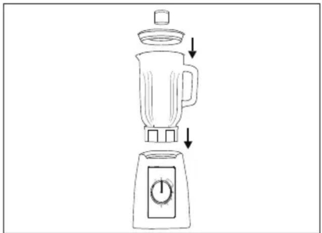 Line drawing of a blender with a side panel and control knob, showing step-by-step assembly (no text or symbols)
