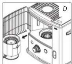 Diagram of a kitchen appliance showing fan, oven, and stove with a directional arrow (no text or labels)