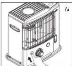 Illustration of a portable air conditioner unit with a hand operating the front panel (no text or symbols visible)