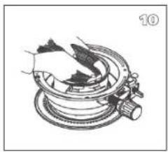Mechanical assembly diagram showing a hand holding a component over a circular base with a bolt and shaft (no text or symbols)