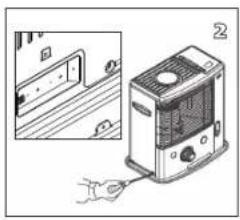 Illustration of a portable electric heater with a hand inserting a plug, shown alongside an inset view of its door and panel (no text or symbols present)