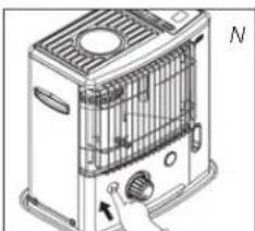 Illustration of a portable air conditioner unit with a hand operating the front panel (no text or symbols visible)