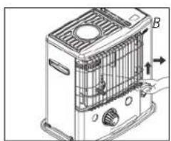Technical line drawing of a portable air conditioner unit with labeled component B (no text or symbols beyond label)