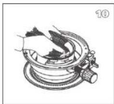 Mechanical assembly diagram showing a hand operating a rotating component with a spring and lever (no text or symbols)