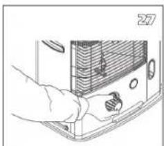 Line drawing of a hand pressing down on a device panel (no text or symbols visible)