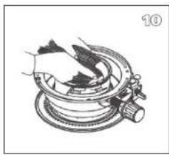 Mechanical assembly diagram showing a hand operating a rotating component with a spring and lever (no text or symbols)