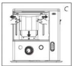 Technical line drawing of a mechanical device with internal components and directional arrows (no text or symbols)