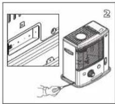 Illustration of a hand inserting a heater into a door panel, showing internal components and wiring (no text or symbols)