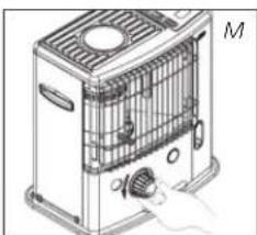 Technical line drawing of a portable air conditioner unit with labeled ports (no text or symbols beyond 'M')