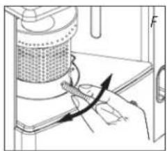 Diagram of a hand using a tool to adjust or install a component on a cabinet (no text or symbols visible)