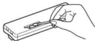 Line drawing of a hand holding a rectangular object with a clip, no text or symbols present.