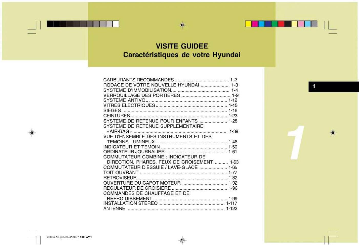 VISITE GUIDEE Caractéristiques de votre Hyundai CARBURANTS RECOMMANDES .... 1-2 RODAGE DE VOTRE NOUVELLE HYUNDAI .... 1-3 SYSTEME D'IMMOBILISATION .... 1-4 VERROUILLAGE DES PORTIERES .... 1-9 SYSTEME ANTIVOL .... 1-12 VITRES ELECTRIQUES .... 1-15 SIEGES .... 1-16 CEINTURES .... 1-23 SYSTEME DE RETENUE POUR ENFANTS .... 1-28 SYSTEME DE RETENUE SUPPLEMENTAIRE «AIR-BAG» .... 1-38 VUE D'ENSEMBLE DES INSTRUMENTS ET DES TEMOINS LUMINEUX .... 1-46 INDICATEUR ET TEMOIN .... 1-50 ORDINATEUR JOURNALIER .... 1-61 COMMUTATEUR COMBINE : INDICATEUR DE DIRECTION, PHARES, FEUX DE CROISEMENT .... 1-63 COMMUTATEUR D'ESSUIE / LAVE-GLACE .... 1-65 TOIT OUVRANT .... 1-77 RETROVISEUR .... 1-82 OUVERTURE DU CAPOT MOTEUR .... 1-92 REGULATEUR DE CROISIERE .... 1-96 COMMANDES DE CHAUFFAGE ET DE REFROIDISSEMENT .... 1-99 INSTALLATION STEREO .... 1-117 ANTENNE .... 1-122