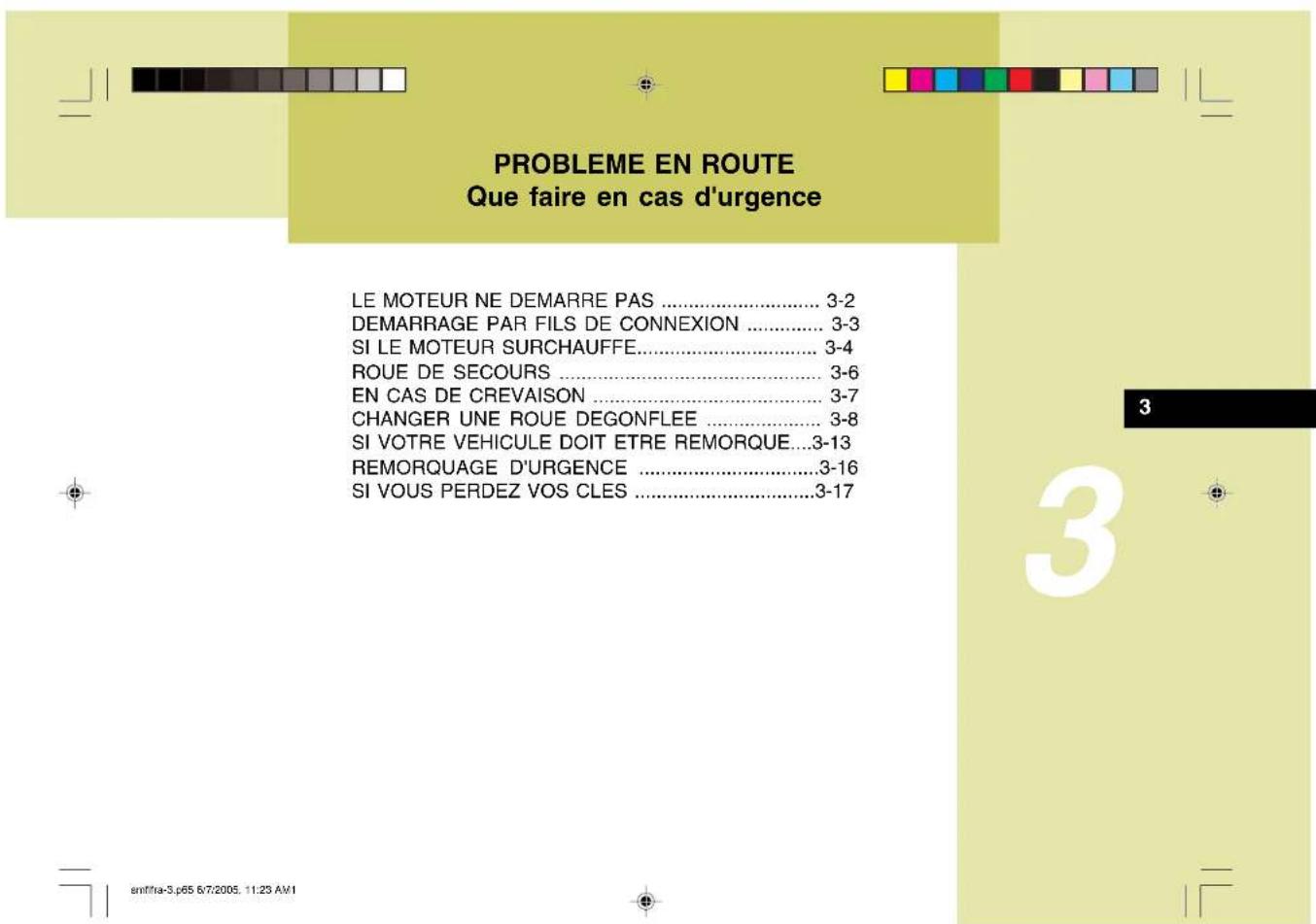 PROBLEME EN ROUTE Que faire en cas d'urgence LE MOTEUR NE DEMARRE PAS .... 3-2 DEMARRAGE PAR FILS DE CONNEXION .... 3-3 SI LE MOTEUR SURCHAUFFE.... 3-4 ROUE DE SECOURS .... 3-6 EN CAS DE CREVAISON .... 3-7 CHANGER UNE ROUE DEGONFLEE .... 3-8 SI VOTRE VEHICULE DOIT ETRE REMORQUE...3-13 REMORQUAGE D'URGENCE .... 3-16 SI VOUS PERDEZ VOS CLES .... 3-17