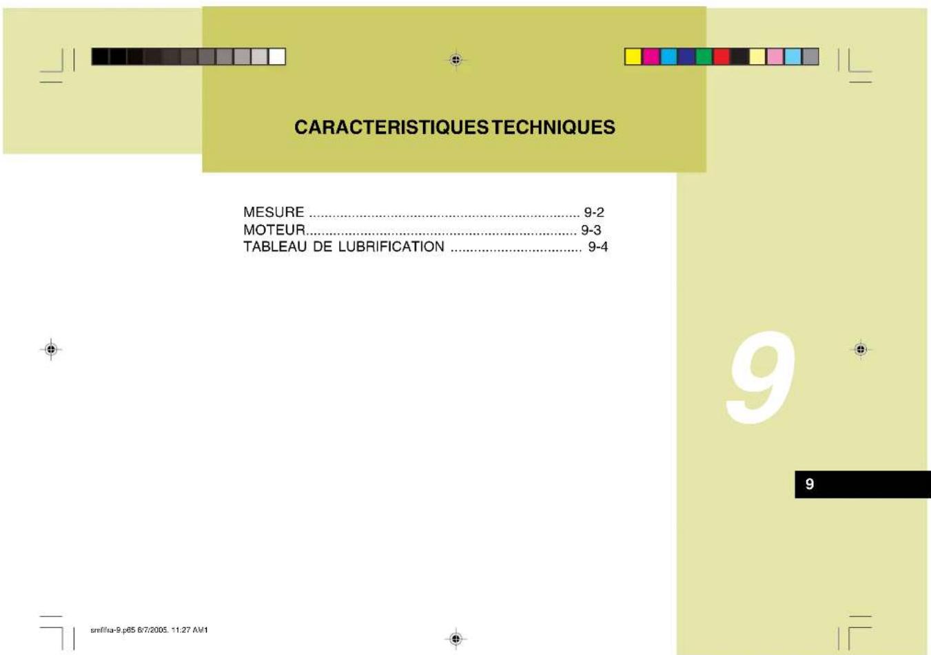 CARACTERISTIQUES TECHNIQUES MESURE .... 9-2 MOTEUR.... 9-3 TABLEAU DE LUBRIFICATION .... 9-4 smiffra-9.p85 6/7/2005. 11.27 AM1 9 9